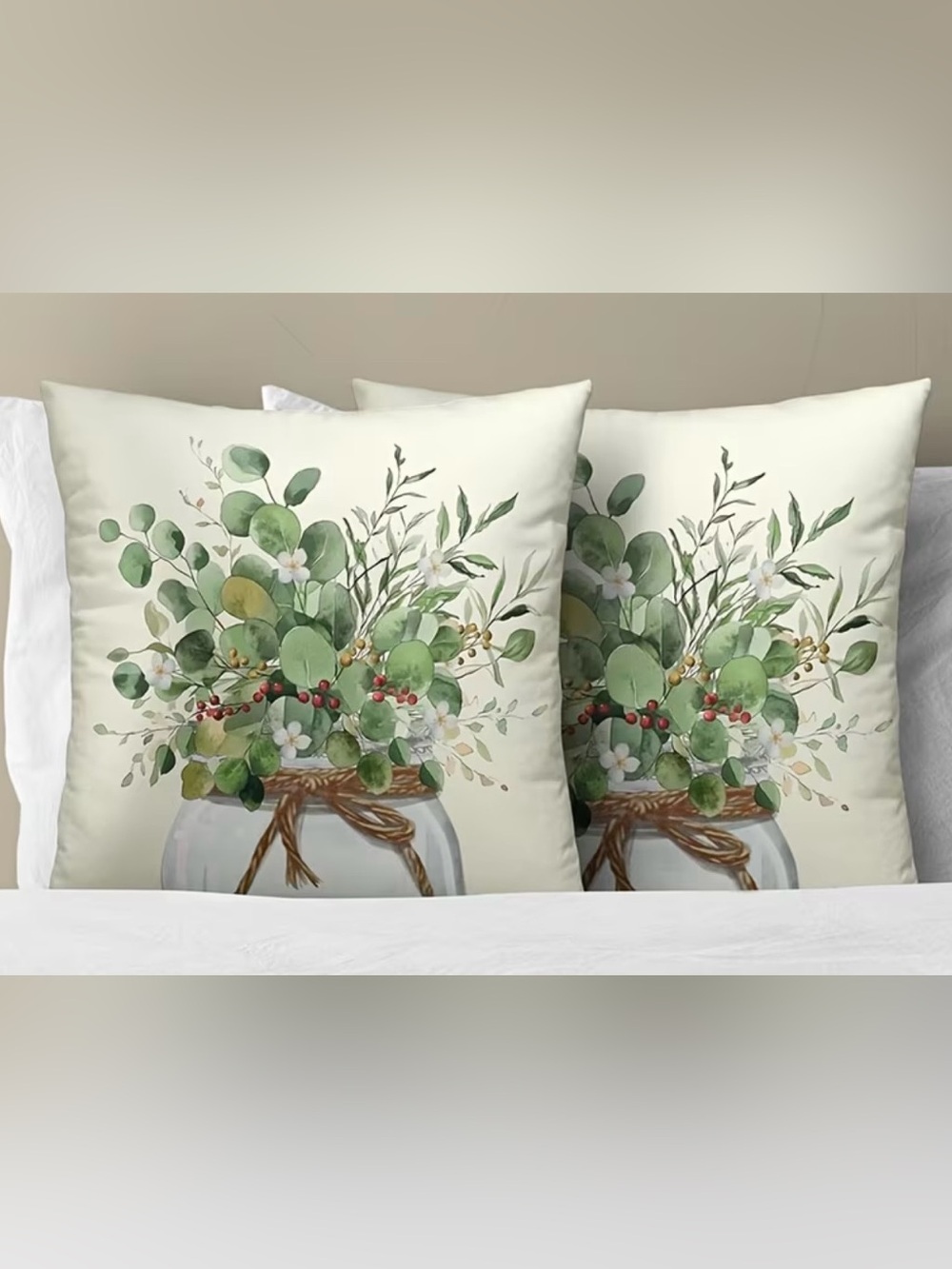 Botanical Eucalyptus Decorative Throw Pillow Cover Pair - Green on Cream-NWOT